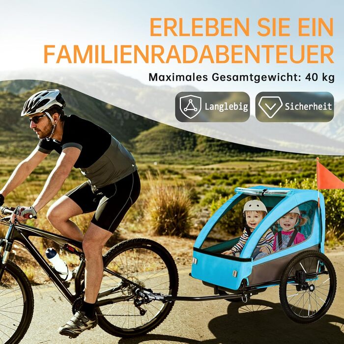 Дитячий велопричіп 2в1 Kinderkraft з функцією візка та бігуна, амортизація, регульована ручка та гальма, для 1-2 дітей до 40 кг (Блакитний)