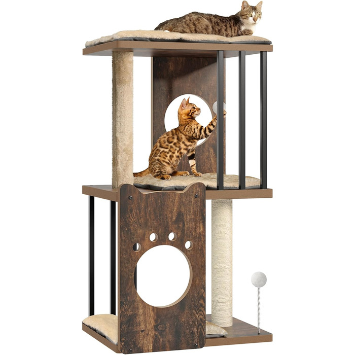 Дерев'яний кігтеточка YITAHOME 90 см з 3 рівнями для великих котів, кігтеточний комплекс з подушками, іграшками (пір'їнка, помпон), у кольорі 