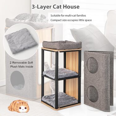 Котячий будиночок SOARS з когтеточкою, 3 яруси, 2 будиночки та лежанка для котів, когтедряпалка, меблі для котів