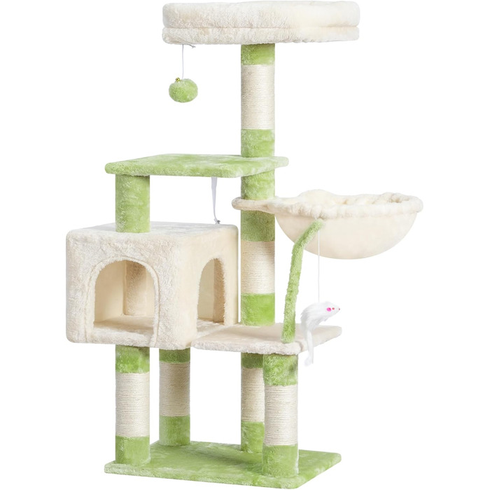 Комплекс для котів Heybly Kratzbaum HCT004SW: Дряпка-будиночок з іграшками, лежаком та сизалевими стовпчиками (43.3 см, зелено-бежевий)