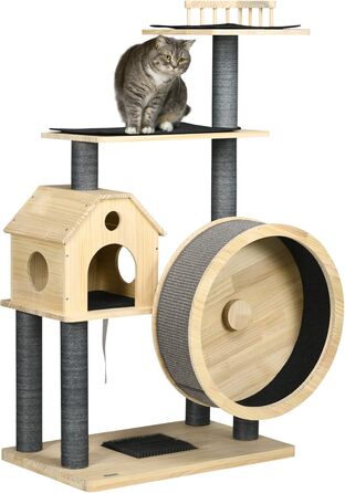 Котячий комплекс PawHut з біговим колесом, 4-рівневий кігтеточка-будиночок із сосни, сизалеві стовпи, натуральне дерево, 80x50x143 см