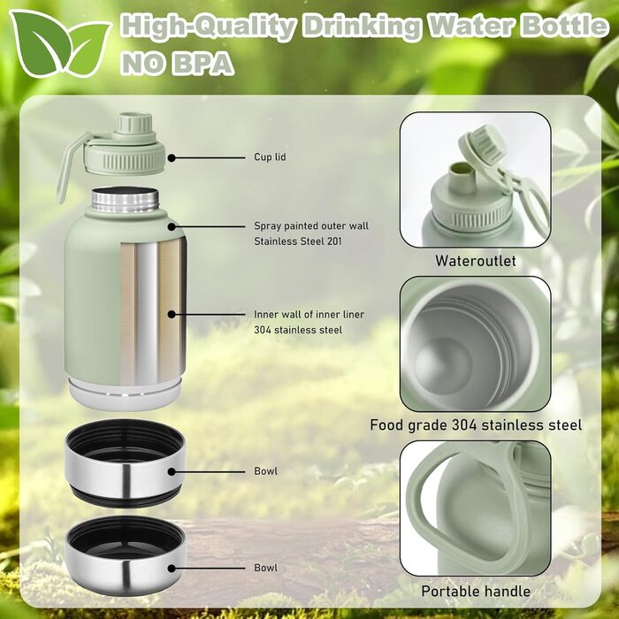 Турбопенал для собак на 950 мл – ізольована сталева фляга для води та миска для їжі, портативна фляга для собак без BPA, для подорожей, прогулянок та активного відпочинку (зелений колір, L)