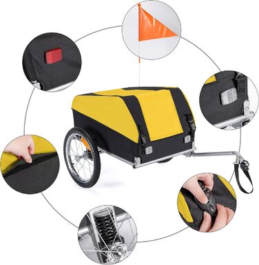 Велосипедний причіп CXWXC зі стоп-поглиначем, 120L, 40KG, складаний, з тентом та прапорцем - для щоденного транспортування (жовтий)