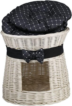 Кругла котяча хатинка e-wicker24 з плетеної лози, двоярусна, з подушкою та стрічкою, котячий оазис (кремовий/чорний)