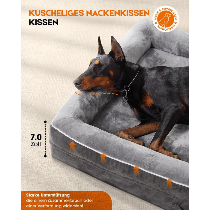 Ортопедичне ліжко для собак великих порід, кошик для собак, що можна прати, з піною у формі яйця, водовідштовхуване ліжко для собак з неслизьким дном та чотиристоронньою подушкою (сірий, 61x91x18 см)