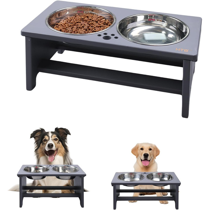Підвищені годівниці для собак HTB, бамбук, 2 миски з нержавіючої сталі, 44x24x18 см, 18 см висота, сірий колір