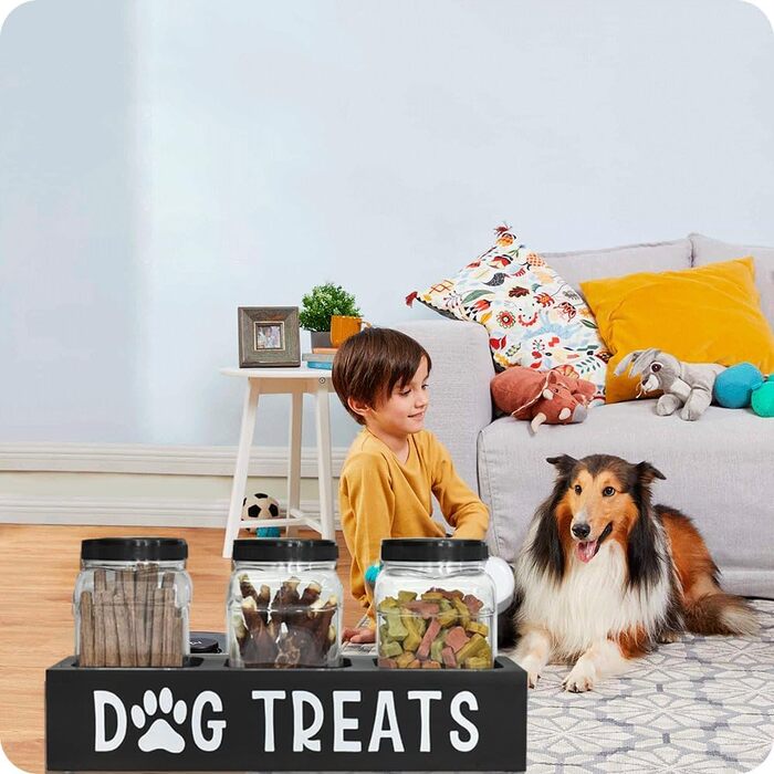 Контейнер для ласощів для собак Niciksty, дерев'яний контейнер для корму з 3 скляними банками, контейнер для корму для собак та котів, чорний