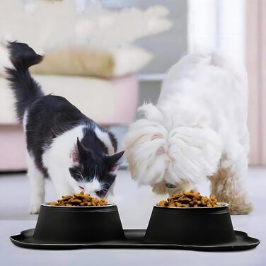 Набори мисок для собак CEASELESLY з нержавіючої сталі (2 x 400 мл) з підставкою з силікону, чорного кольору. Підходять для собак середніх та малих порід, кошенят та цуценят.