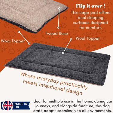 Велике собаче ліжко з вовни, стегане, британського виробництва, Sandsockel/Holzkohle-Topper (106 x 71 см)