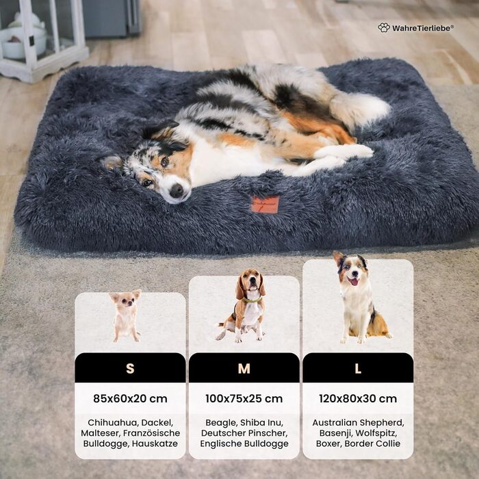 Преміум подушка для собак Wahre Tierliebe Fluffy - М'яке ліжко для вашого улюбленця. Легко чиститься. Ідеально для дому та в подорожах. Розмір M (100x75x25 см), сірий колір.