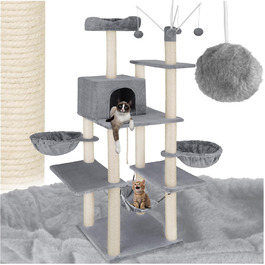Дерево для котів tectake® XXL, велике, з лежаками, гамаком, будиночком, іграшками, мотузкою, стовпчиком для шліфування, чорний (сірий) - 165 см
