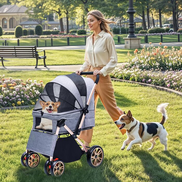 Візок для собак DWVO 3-в-1: візок, переноска, сумка для собак, до 22 кг, сірий (58.5x76x105 см)