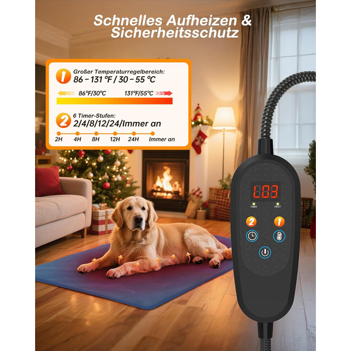 Грілка для домашніх тварин з регулятором, для котів та собак, 6 температурних режимів, таймер на 24 години, LED-дисплей, безпечна грілка з міцним кабелем (60x90 см, блакитна)