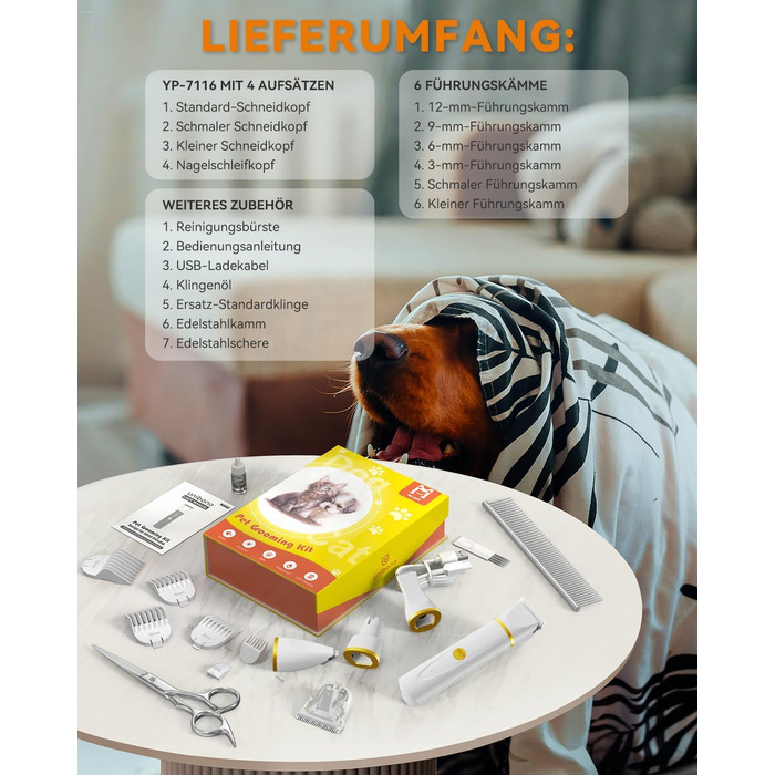 Триммер для собак і котів Unibono Leise - акумуляторний, 4 насадки для грумінгу, 7000 об/хв