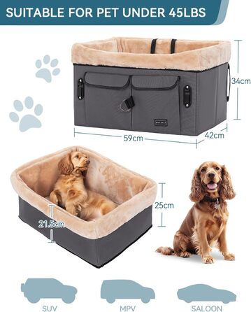 Автокрісло для собак Petsfit - сіре, M - для середніх та 2 маленьких собак