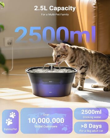 Фонтан-поїлка для котів 2.5л, безшумний автоматичний питний фонтан з LED-підсвіткою, вугільним фільтром та системою очищення води, BPA-free