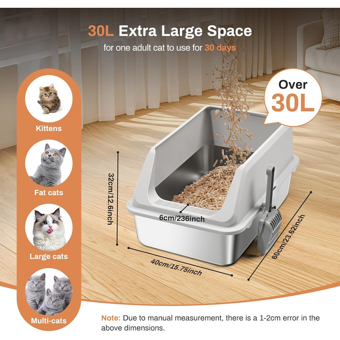 Великий напівзакритий туалет для котів XXL з кришкою Edelstаhl, 60x40x32 см, 30 л, із совком та 4-шаровим килимком, протікозахищений, для котів, кошенят і кроликів, сірий