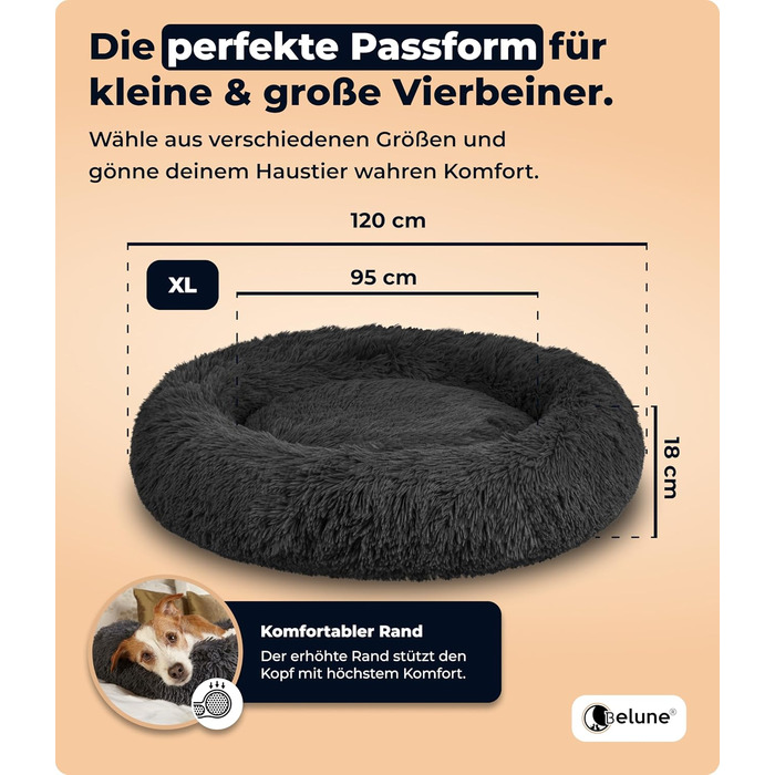 Belune® Лежанка для собак [знімний, пральний чохол] - Оригінал - [M, 80 см] Корзина для собак, ліжко для котів, лежанка для собак, лежанка для собак, пухнасте ліжко для великих, середніх та маленьких собак (XL (120 см), Чорний)