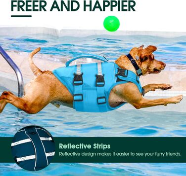 Жилет для собак Kuoser великий, рятувальний жилет для собак з ручкою та світловідбиваючими елементами, регульований, для великих собак, покращений плавучість, (S, блакитний)
