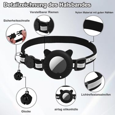 Робофан SmartTag ошийник для кота з GPS трекером, відбиваючий, сумісний з Apple Find My (тільки iOS), чорний