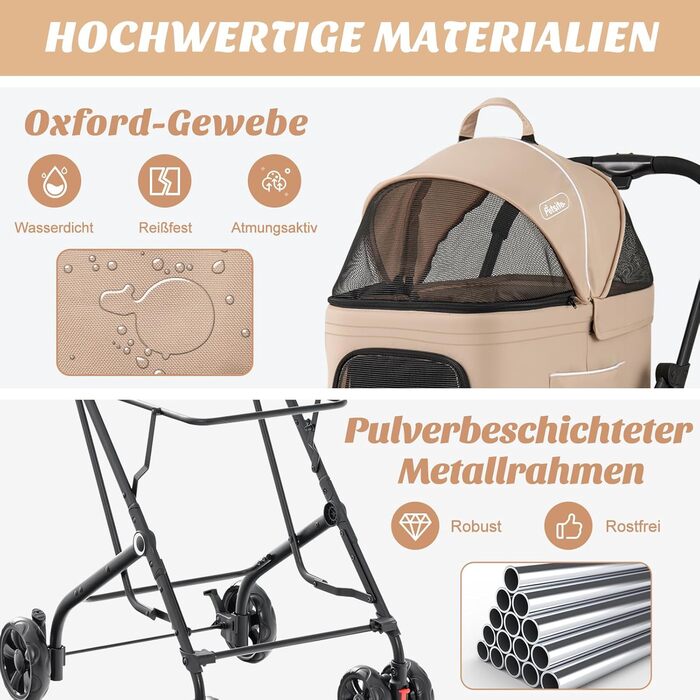 Візок для собак COSTWAY 3 в 1, візок-переноска для тварин з сіткою, кишенями та подушками, Оксфорд та метал, до 16 кг, для собак, котів та інших тварин (Бежевий)