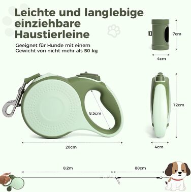 Рулетка для собак BMaobbo 8м, міцна сталева лебідка, тримач для відходів, антизаплутування, швидке гальмування, для собак до 50кг, для тренувань, лісу, пляжу