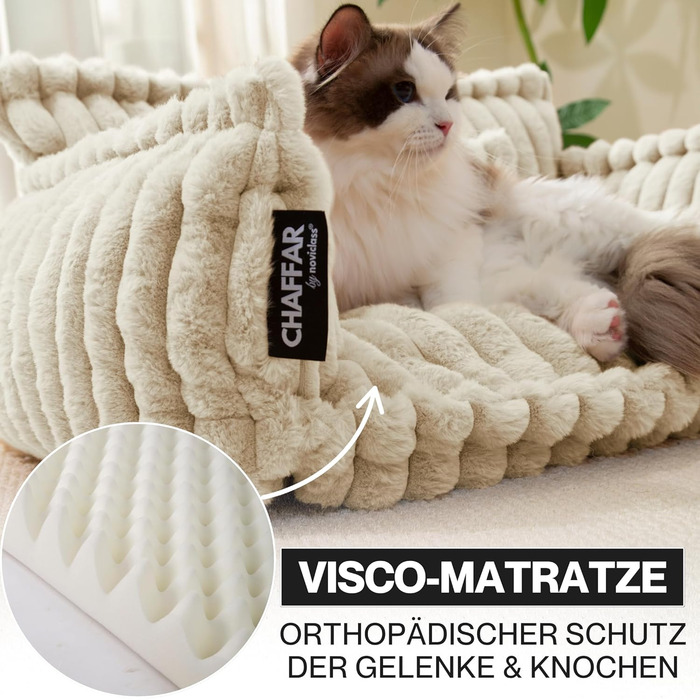 Крісло-лежанка для тварин Noviclass® Chaffar | Софа для котів та собак | Ортопедичний матрац | Сучасний стиль, Cord-дизайн, кремовий, розмір M (80 см)