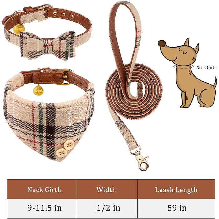 Нашийник для собак, цуценят та котів, комплект з 3 шт., з бантиком та дзвіночком, 9''-11.5'', Бежевий