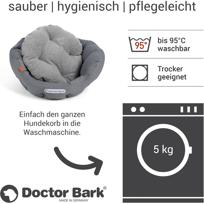 Ліжко для собак Doctor Bark кругле, ортопедичне, з м'якою подушкою та іграшкою, для малих порід, світло-сіре, 40x35 см, пране при 95°C, Німеччина