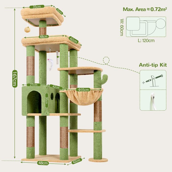 Драбина-будинок для котів Globlazer XL, 167 см, зелена, з платформами, корзиною та іграшками. Стабільна для 2-4 котів.