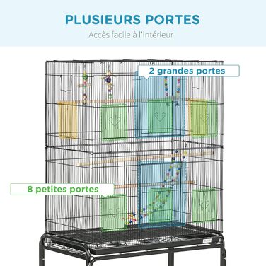 Клітка для птахів PawHut на колесах, з 4 годівницями та 3 сідалами, 79x49x133 см, чорна
