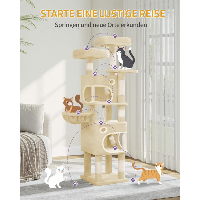 Драбина-кіготь для котів Hzuaneri, 159 см, з 8 стовпчиками, 3 платформами, 2 хованками, кошиком, плюшевими кульками та мотузкою з сизалю. Підходить для котів різних розмірів. MS15918LG (Бежевий)