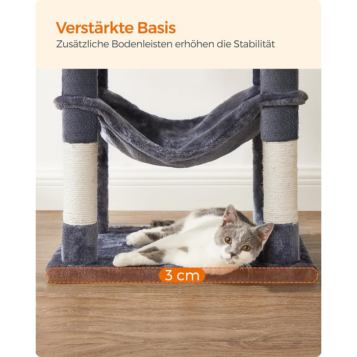 Дім-кіготник для котів Feandrea, 143 см, з 4 стовпчиками для шліфування, 2 платформами, гамаком, печерею, сірий, PCT161G01 L (55 x 45 x 143 см)