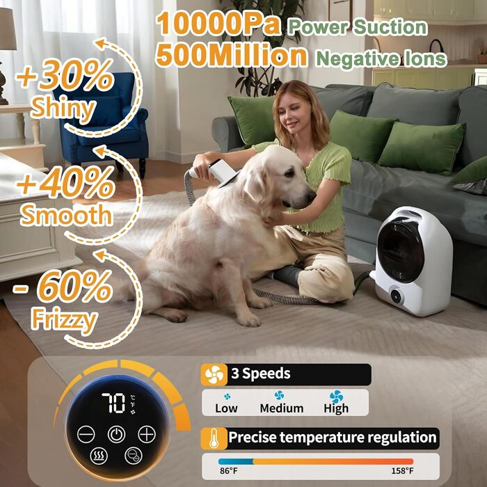 Набір для догляду за собаками та котами: фен для видалення шерсті з професійною щіткою, іонізація, стабільна температура (чорний)