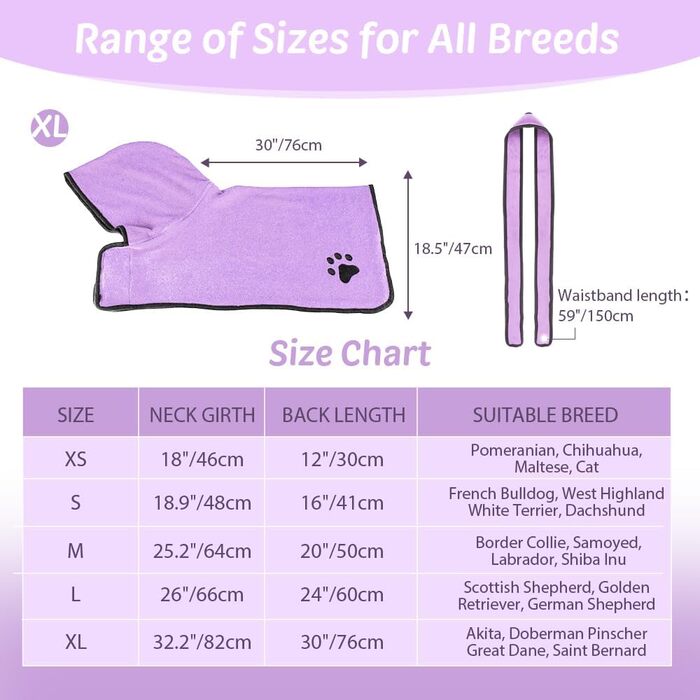 Рушник для собак з капюшоном, вбираючий рушник для сушіння після купання, підходить для собак та котів усіх порід, L (блакитний), XL (фіолетовий)