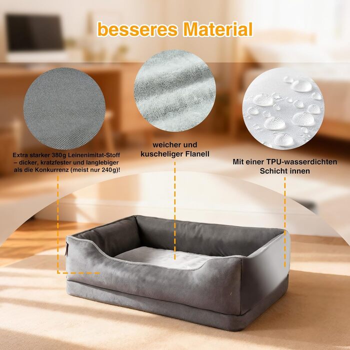 Ортопедичне собаче ліжко Zedelmaier для середніх та великих собак, 90x68x25 см, стійке до подряпин, з товстим матрацом, зручне, знімний чохол, темно-сірий колір