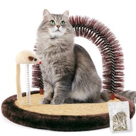 Happi N Pets Котячий дряпак із щіткою для самоочищення, масажер для котів, щітка для шерсті з міцною підставкою, котяча м'ята, інтерактивна іграшка-миша для кошенят