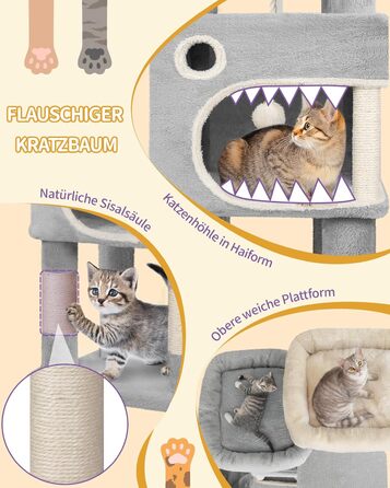 Драбина-кіготь Hzuaneri для котів, 159 см, 8 стовпчиків, 3 платформи, 2 хованки, кошик, плюшеві кульки, мотузка з сизалю, підходить для котів різних розмірів, сірий MS15918LG L (50 x 40 x 159 см)