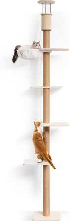Драбина-кіготь для котів FUKUMARU, 4 яруси, до стелі (251-274см), кріпиться до стіни, з джутової тканини та зручною гамаком, бежева