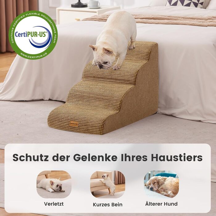 Сходи для собак та котів Gardner Pet на 4 сходинки, висота 47 см, протиковзкі сходинки з пінополіуретану для ліжка та дивана, коричневі, зі знімним чохлом що миється