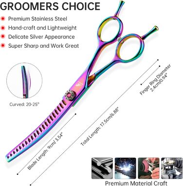 Вигнуті ножиці для грумінгу собак, 7 дюймів, портативні, легкі, кольорові, для домашнього використання (також підходять для котів)