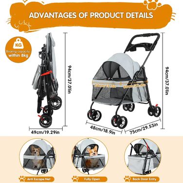 Візок для тварин: для собак та котів, складання, 4 колеса, сірий