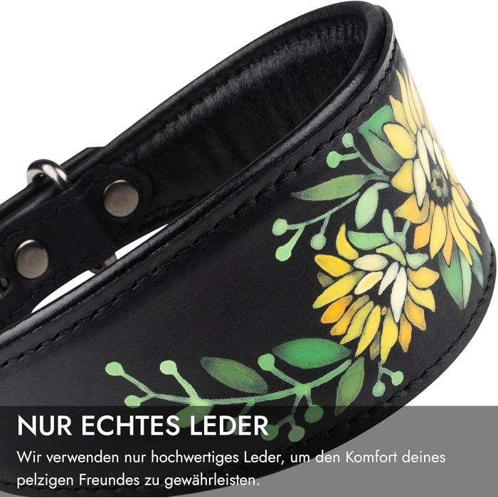 FAVPET Нашийник для собаки з м'якої шкіри з QR-кодом, широкий, для грейхаундів, віппетів, салюкі, лурджерів, галгу, поденко (XS, соняшник)