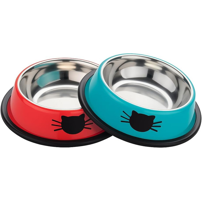 PAWPOURRI Миски для котів з нержавіючої сталі, протиковзкі, 2 шт. (230 мл, синій та червоний)