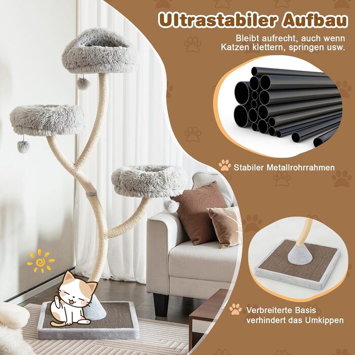 Кігтеточка GOPLUS 178 см з 3 лежаками, іграшками та сизалевим покриттям для котів та кошенят (сіра)