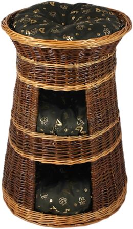 Корзина для котів для сну – котяча хатинка для дому – розмір 43 x 49 x 70 см, кругла – котяча хатинка з лози, трирівневе ліжко для собак або котів з пральним подушками в бежевому кольорі – лакована корзина (подушка темно-коричнева)