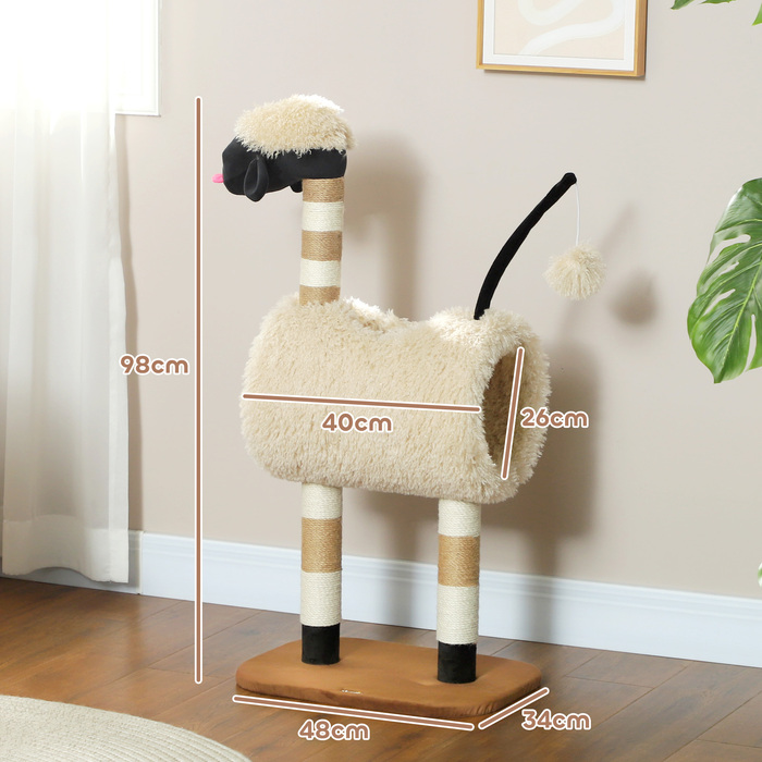 PawHut Cat Tree 98 см Cat Tree з кігтеточкою, тунель, ігровий м'яч, кігтеточка для кішок в дизайні Sheep, для кішок до 5 кг, світло-коричнева | Аосом