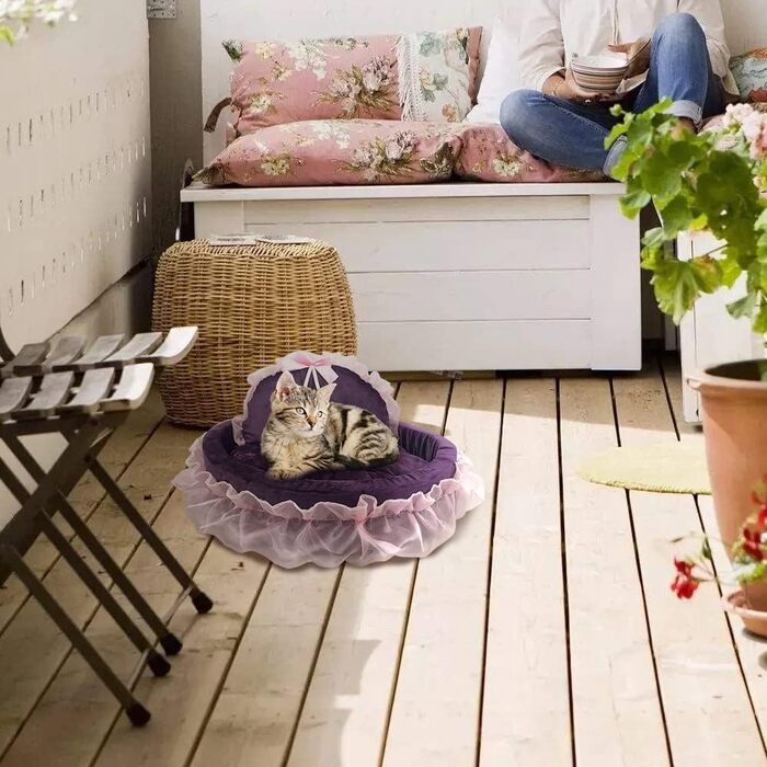 Кругле ліжко для собак та котів Unistrengh з мереживом, ліжко-гніздо, тепле, миється, для цуценят, собак, котів (X-Small 40 x 45 x 12 см, фіолетовий)