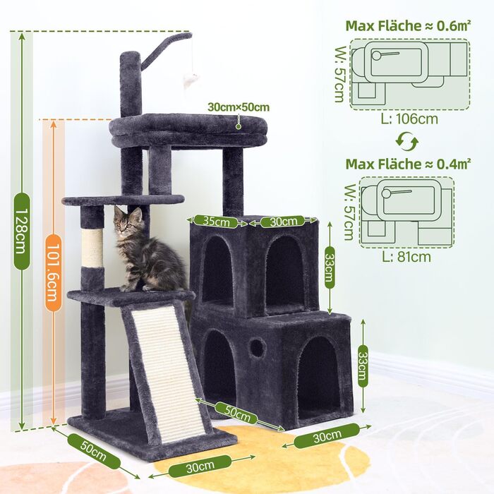 Дерево для котів Globlazer з міцною основою, 2 будиночки, поворотний на 90°, платформа з м'яким покриттям, когтеточка з сизалю, іграшки для котів, велике дерево для котів, дорослих котів та кошенят (XL, темно-сірий)