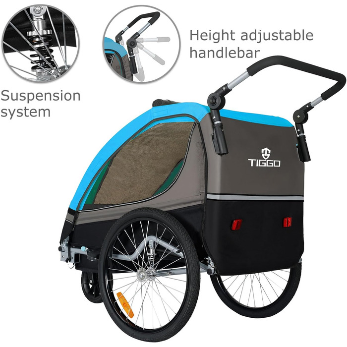Причіп для дитячої коляски Tiggo S2 з підвіскою, 2-в-1, для бігу та велосипеда, причіп-трансформер, поворот на 360°, блакитний